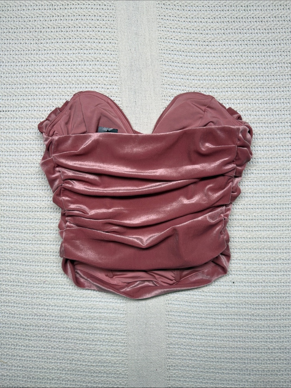 Express Mauve Satin Strapless Ruched Bustier Top - Picture 2 of 5